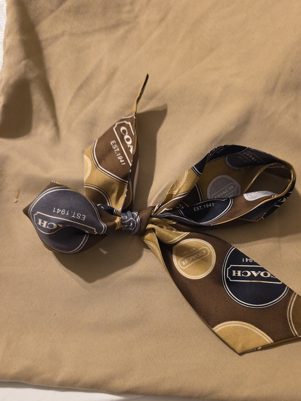 Coach Brown, Gold and Black Logo Silk Scarf Tie